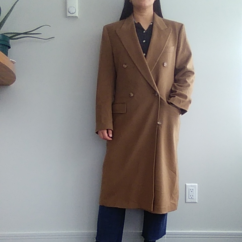 Loro Piana Hugo Boss vintage men's wool camel tan long trench coat peacoat Lrg - Picture 1 of 16
